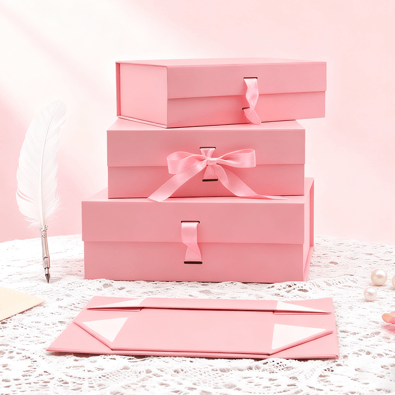 Custom Logo Quality Ribbon Folding Box Pink Black Rectangle Shape Magnetic Art