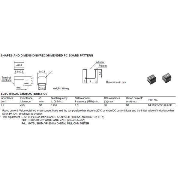 Low DC Resistance SMT 2220 Ferrite Bead Inductor 1.8mH For Network Systems