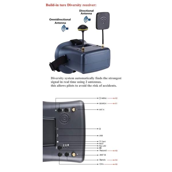 008D 4.3Inch FPV Accessories Digital DVR Diversity Goggles Dual Antenna 2000mAh