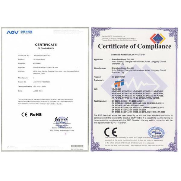Certificate for gear motor