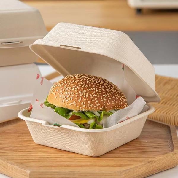 Quality Virgin 21g Disposable Hamburger Clamshell Box Sugarcane Bagasse Takeaway Boxes wholesale