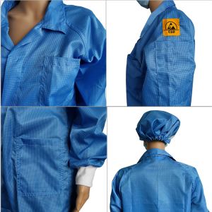 Unisex Blue 2.5mm Grid ESD Lab Coats Smocks Dustproof With Same Color Cap