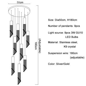 Modern chrome crystal ceiling chandelier for dining room long loft staircase