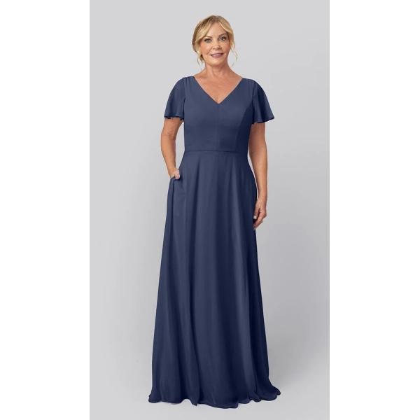 Romantic V-neckline A-line Back Keyhole Cutout Short Flutter Sleeve Zipper Navy Chiffon Mother Of The Bride Dress