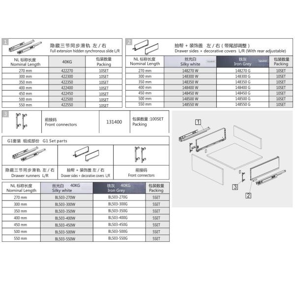 Cold Rolled Steel Kitchen Tandem Box , Full Extension Soft Close Drawer Slide