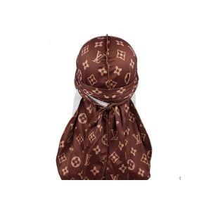 Large Print Brown LV Silk Silky Satin Designer Durag Supplier Bulk Wholesale