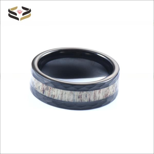 Sample Making Service Custom 8mm Hammered Black Tungsten Inlay Deer Antler Jewelry Rings Trendy Style for Men's Wedding
