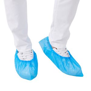 China SF Medical CPE Surgical Shoe Cover Disposable Blue Non Slip 40cm on sale