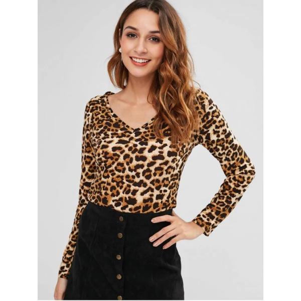 Autumn Long Sleeve And V Neck Leopard Tee Tight T-shirt Women