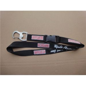 Functional polyester lanyard with metal bottle opener, metal bottle opener neck