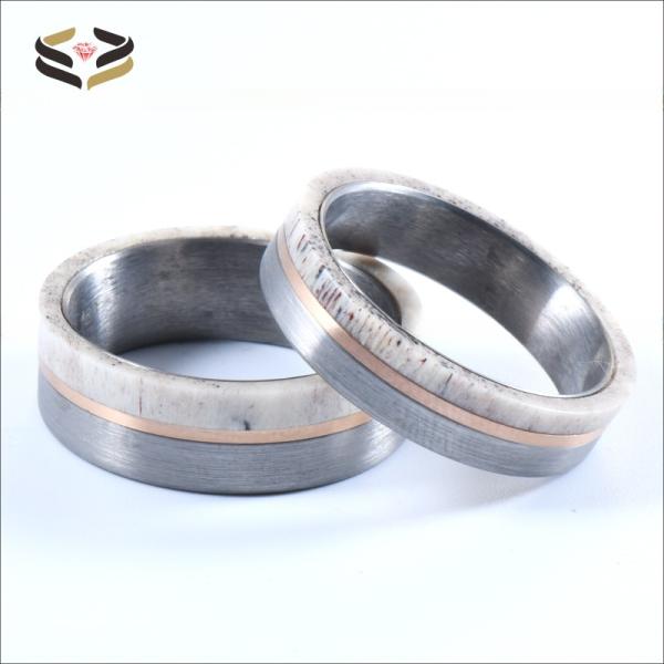 Unique and Eye-catching 8mm Handmade Natural Deer Antler Ring Inlay Rose Gold Circle Tungsten Wedding Rings for Men