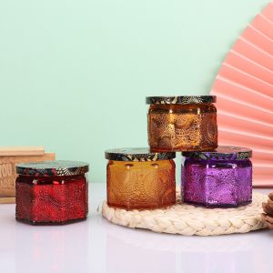 Octagon Glass Embossed Candle Jars Empty Luxury Multi Color 4oz 8oz With Lid