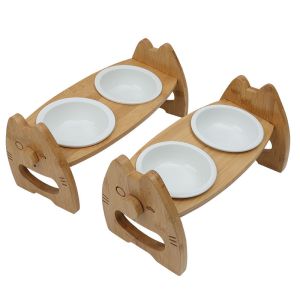 Bamboo Ceramic Bowl Cat Food Rack With Adjustable Height Double Pet Bowl Pet