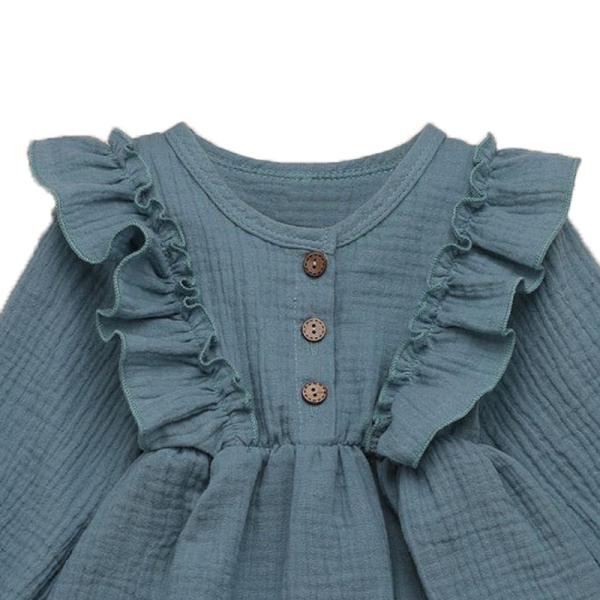 Toddler Baby Girls Muslin Cotton Fabric Long Sleeve Ruffle Trim Dresses Above Knee Dresses