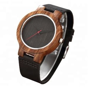 Simple Dial Wooden Quartz Watch With Leather Band And 2 Year Battery