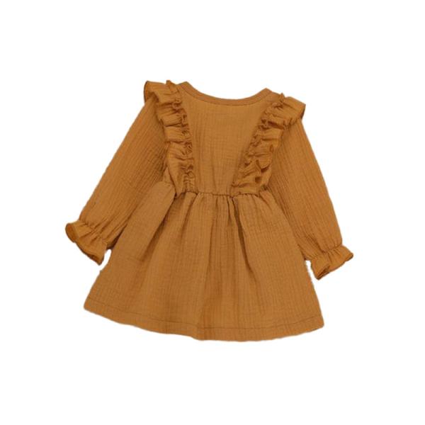 Toddler Baby Girls Muslin Cotton Fabric Long Sleeve Ruffle Trim Dresses Above Knee Dresses
