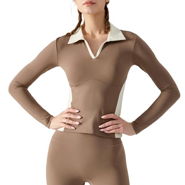 Color Contrast Long Sleeve Polo Shirts Ladies Equestrian Top High Density