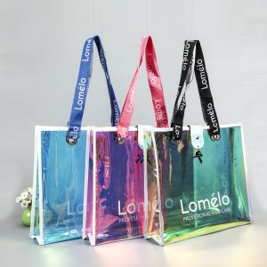 sustainable recyclable Holographic Clear Tote Bag With Leather Handle Iridescent