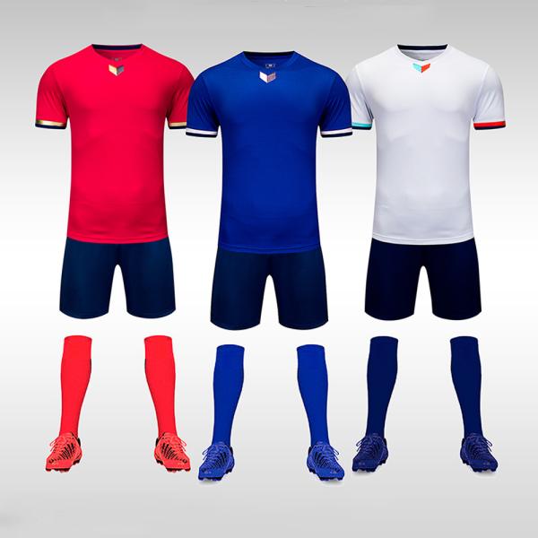 Quality Polyester Fabric Plain Soccer Jerseys Casual Short Sleeved Blue V Neck Sweatshirt wholesale