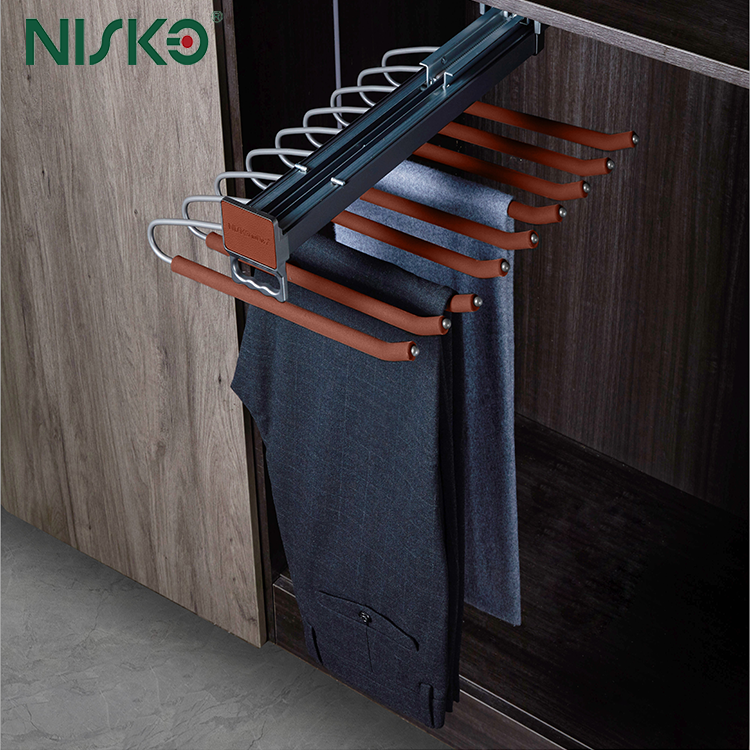 Top Mount Pull Out Pants Rack Retractable Soft Closing With Leather Bar