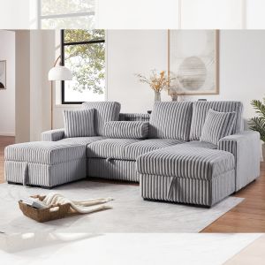 Sectional Sleeper Sofa with Pull-Out Bed and Dropdown Table and Storage Chaise