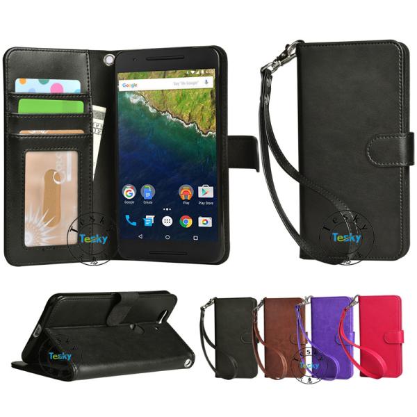 Elegant pu leather wallet case for huawei nexus 6p with wrist strap,OEM and ODM