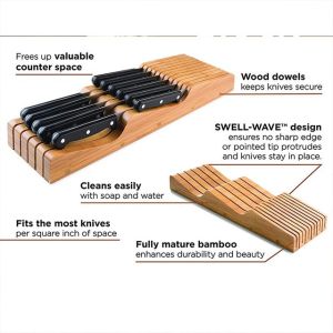 Natural Bamboo 15-Slot In Drawer Knife Block Organizer with Eco-Friendly