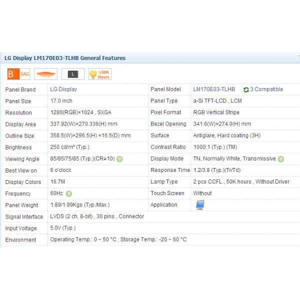 17 " IPS LCD Screen LM170E03-TLHB , Industrial LG LCD Panel 1280*1024 LVDS TN CCFL