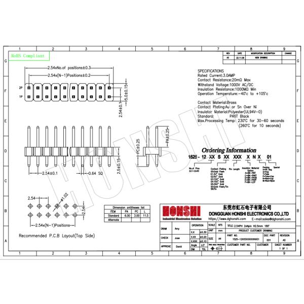 Dual Row Board To Board Connector 2.54mm Pitch 2 pin 20 pin 80 pin Straight PCB