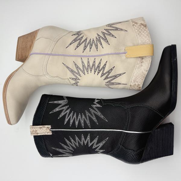 soft lychee grain leather Womens Dress Boots with sun embroidery pattern,Square abs chunky heel with TPR outsole