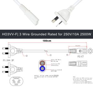 SAA to IEC C7 Power Cord 2-Pin AU Plug 1M White ROHS Certified