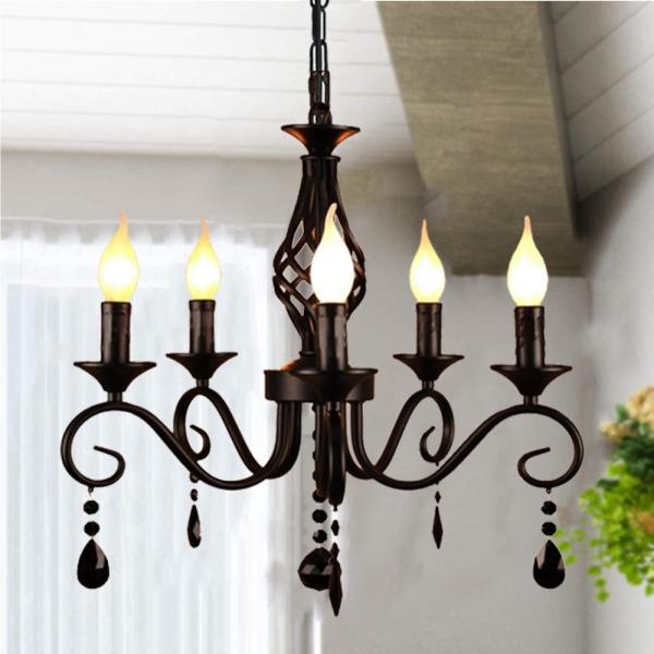 LED Metal Chandeliers 5 Lights Black Crystal Candle Chandelier Industrial