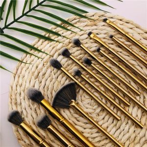 Soft Bristles Synthetic Fiber Makeup Brushes Set Gold Metal Handle Ferrule