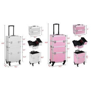 2 In 1 Aluminum Makeup Trolley Case Pink Color On Wheels