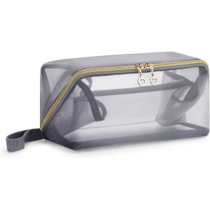 Cheap Portable Large Black Mesh Cosmetic Bag Open Flat Organizer Travel Bag For Men Women for sale