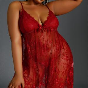 Cheap Black Plus Size See Through Lace Dress Robe Babydoll Strap Chemise Nightgown V Neck Nighty Mesh Sleepwear for sale