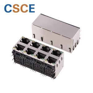 W / EMI Brass Shell RJ45 Modular Jack , 2 X 4 Port Magnetic RJ45 Jack With LED