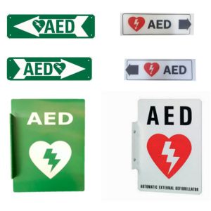 China White Green AED Emergency Defibrillator Sign Custom Defibrillator Heart Restarter Sign on sale