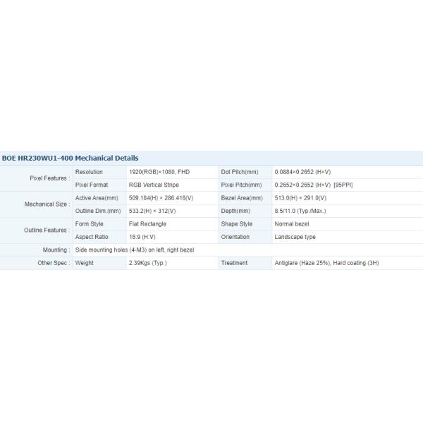 HR230WU1-400 BOE 23.0" 1920(RGB)×1080, 250 cd/m² INDUSTRIAL LCD DISPLAY