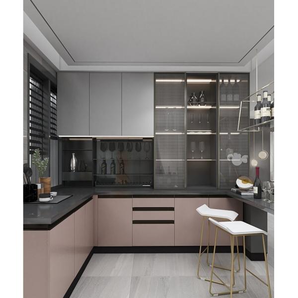 Quality L shape Modern Modular Kitchen cabinet in Lacquer paiting finished quartz stone wholesale