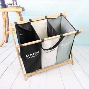 Breathable Moistureproof 3 Bin Laundry Hamper Bamboo Frame Washable Lightweight