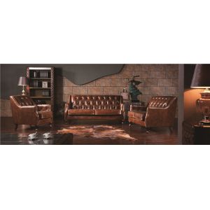 Retro Top Grain Soft Leather Sofa , Brown Leather Couch Set With Back Buttons