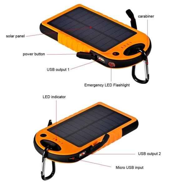 10000mAh solar power bank waterproof dustproof and shockproof solar charger