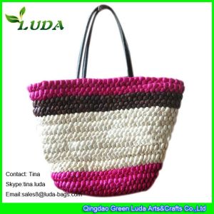 China LUDA genuine leather handles handbags corn husk straw eco shopping bag on sale