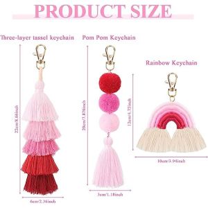 Boho Macrame Keychains Pom Pom Tassel Rainbow Keychains Cute Colorful Tassel