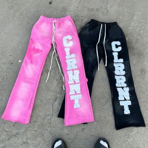 Custom Logo Bulk Applique Graphic Embroidered Patches Stacked Flare Sweat Pants Acid Wash Mens Jogger Flared Cargo Pants