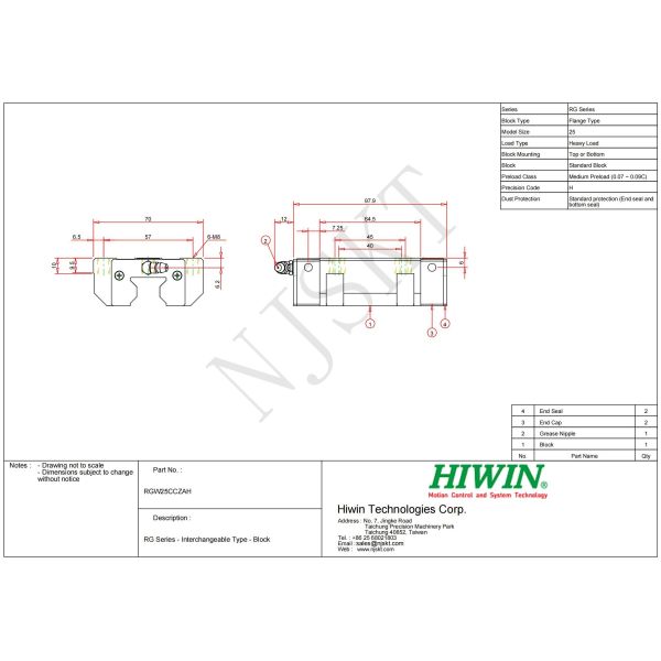 HIWIN RGW25CC Linear Guide Rail 1000mm Length With Dust Protection