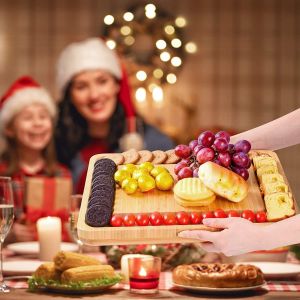 Double Side Wooden Serving Tray Bamboo Cheese Board Hidden Drawer Cheese Servers