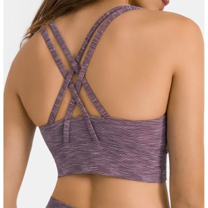 U Shape Neck Cross Back Stripe Womens Sports Bra Shockproof Gathering