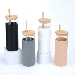 Customization 16 Oz Glass Beverage Bottles Glass Coffee Cups With Bamboo Lids
